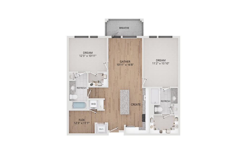 2 bedroom 2 bathroom apartment floorplan Taryn at 401 luxury apartments Raleigh NC 