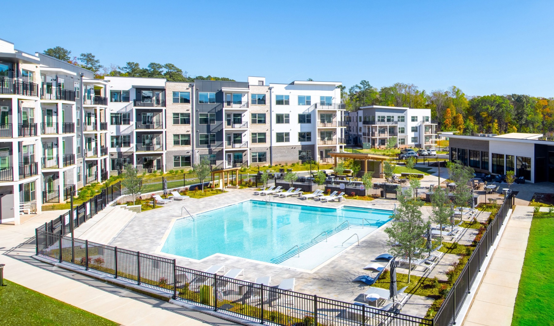 pool and lounge chairs by building Taryn at 401 Raleigh NC luxury apartments